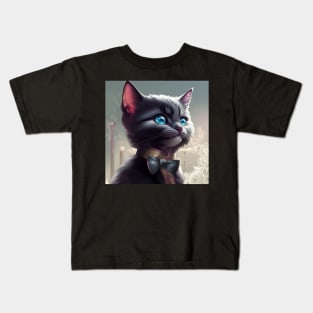 Elegant Grey and White Cat With a Black Bow Tie | White and grey cat with blue eyes | Digital art Sticker Kids T-Shirt